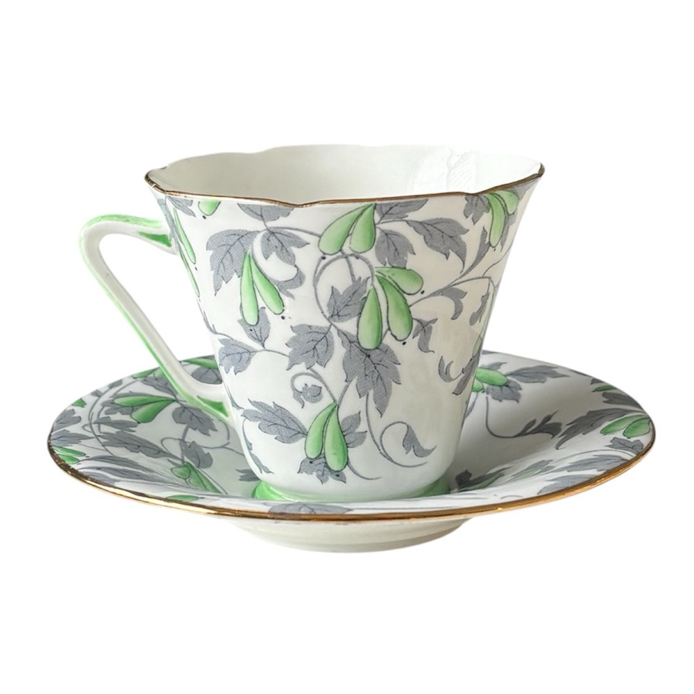 Vintage 1940s Grafton China "Ashley" Tea Cup & Saucer | Green & Grey Botanical - Picture 3 of 10